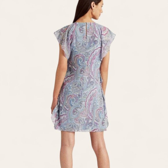 Ralph Lauren Paisley Print Black Label Ruffle Flutter Sleeve Dress Women 10 Blue - Picture 2 of 13